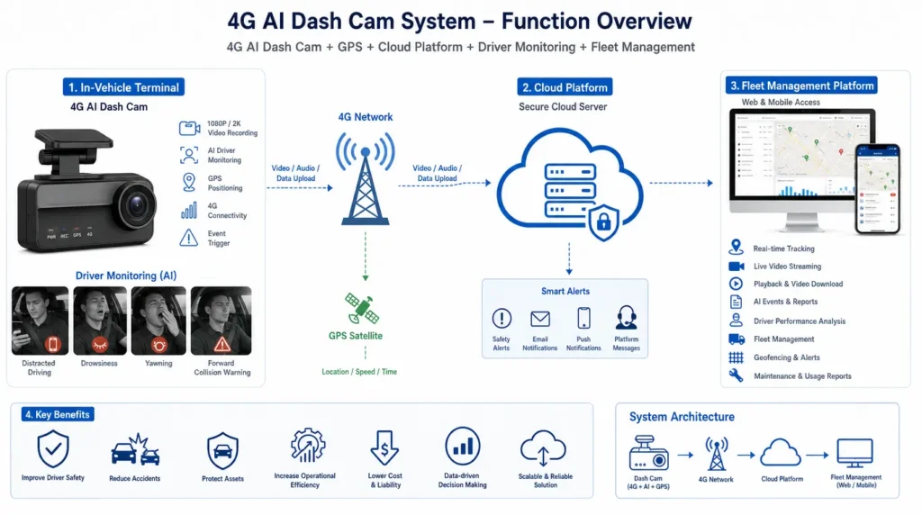 4g ai dash cam system with gps tracking and driver monitoring