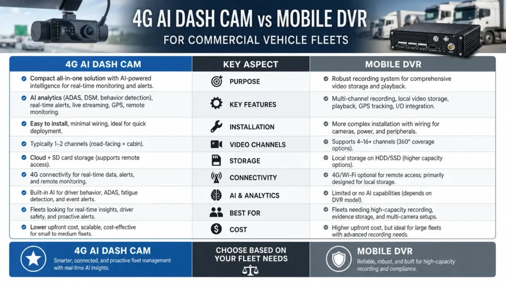 4g ai dash cam vs mobile dvr for commercial vehicle fleets