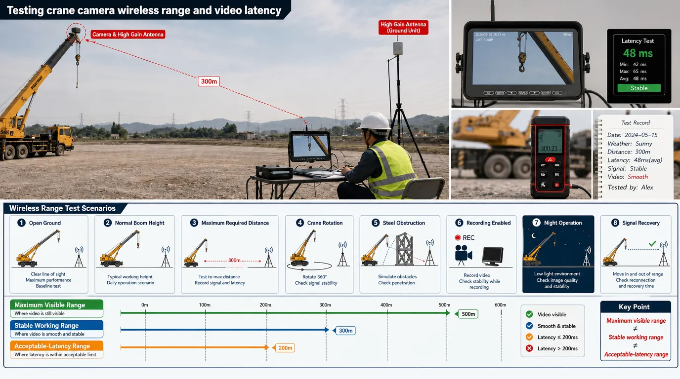 Testing crane camera wireless range and video latency