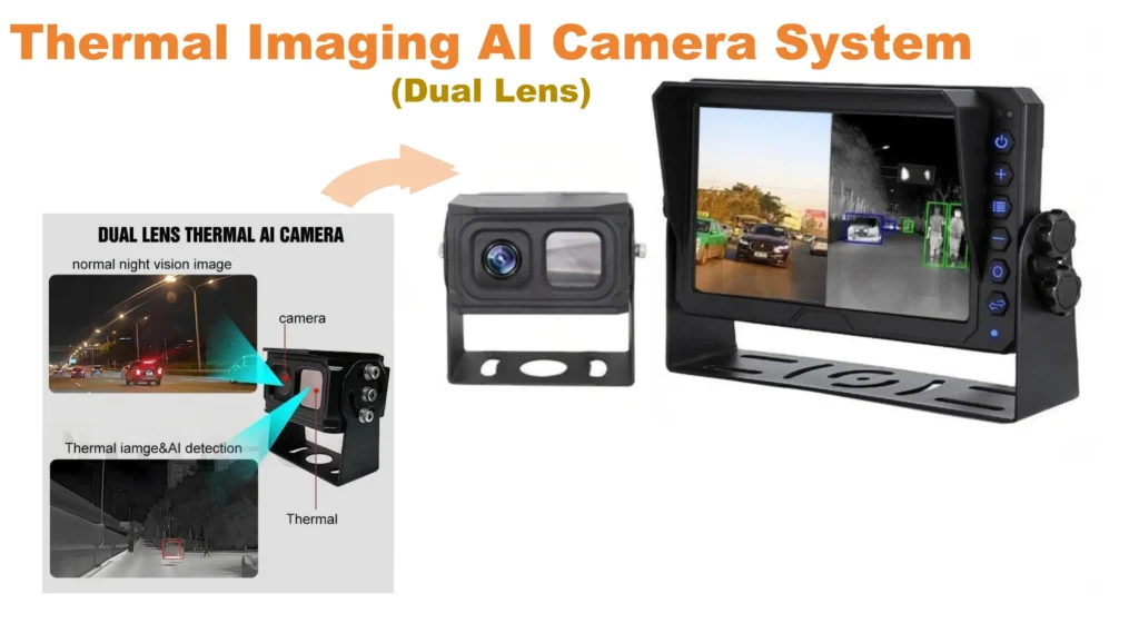 Dual-light thermal imaging AI vehicle camera with pedestrian detection