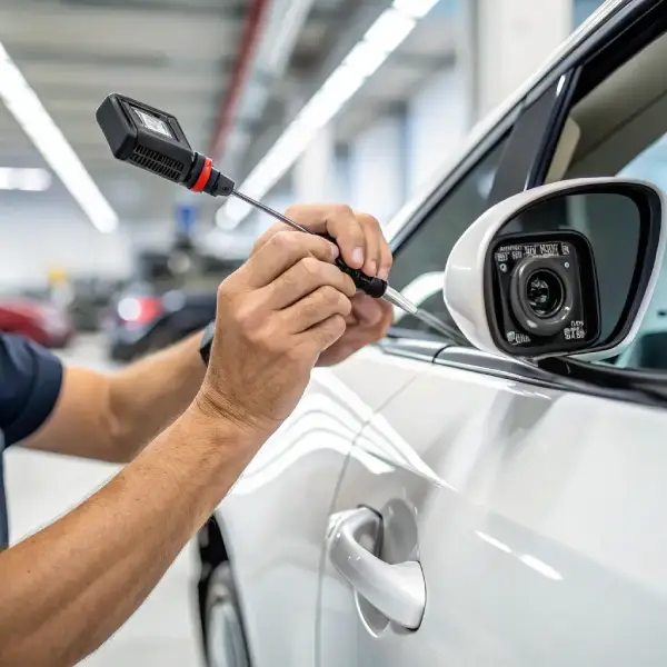 An installer working on a car's side mirror to fit a camera