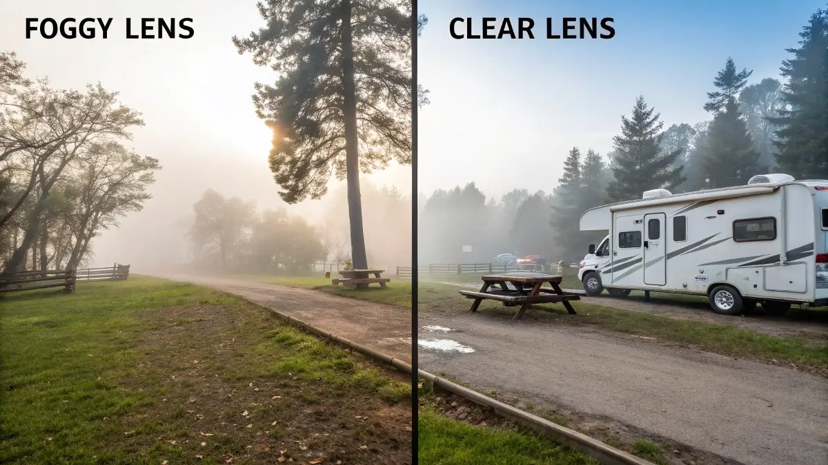 A camera view split between a foggy, unusable image and a crystal clear image