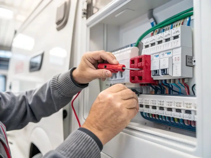 A technician using a fuse tap connector in an RV's fuse box