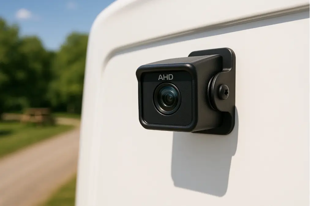 A modern HD RV backup camera mounted on the rear of a recreational vehicle providing a clear view