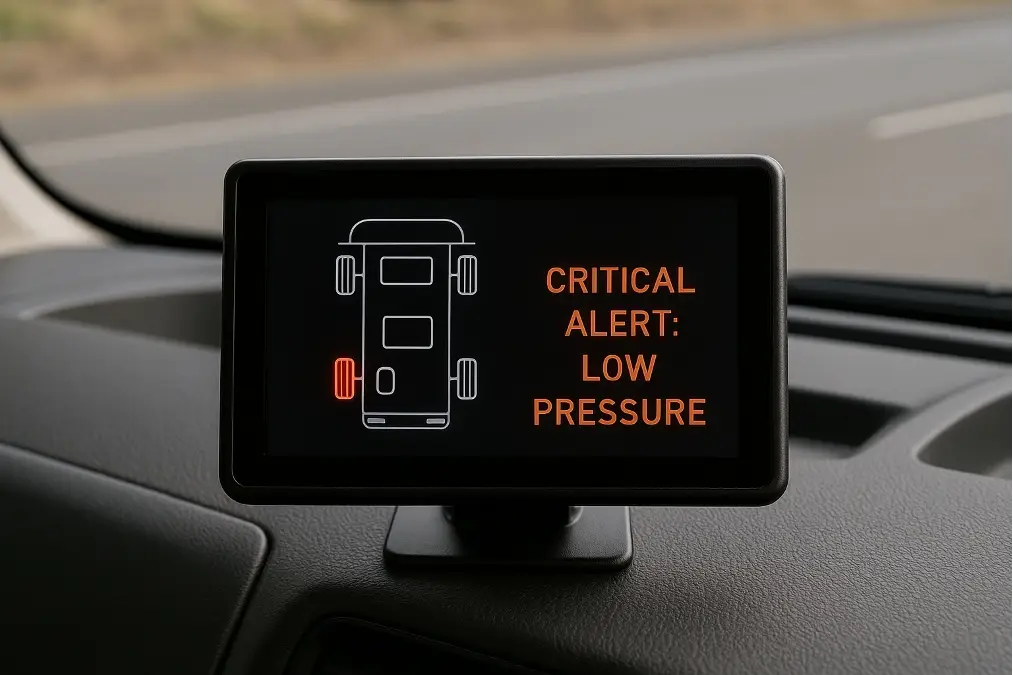 A dashboard showing a TPMS display with one tire highlighted in red