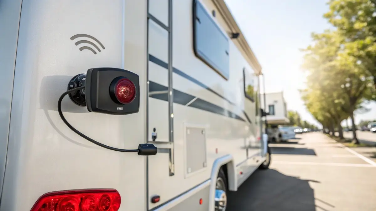 A wireless RV backup camera mounted on the rear of a large motorhome next to a marker light