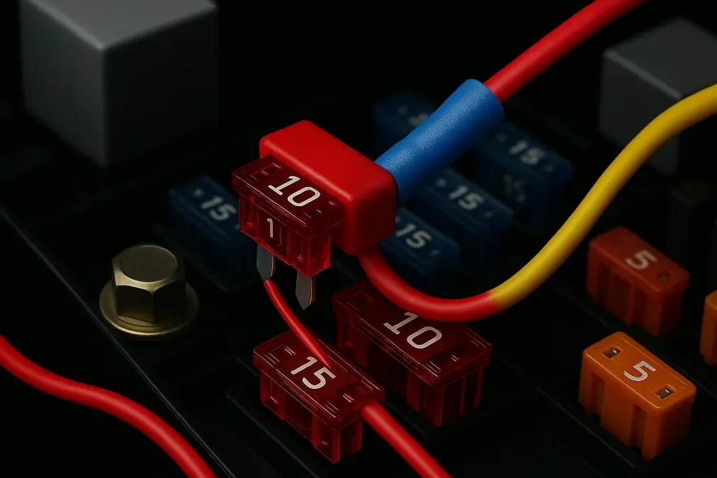Close-up showing wires correctly crimped and connected to add-a-fuse taps