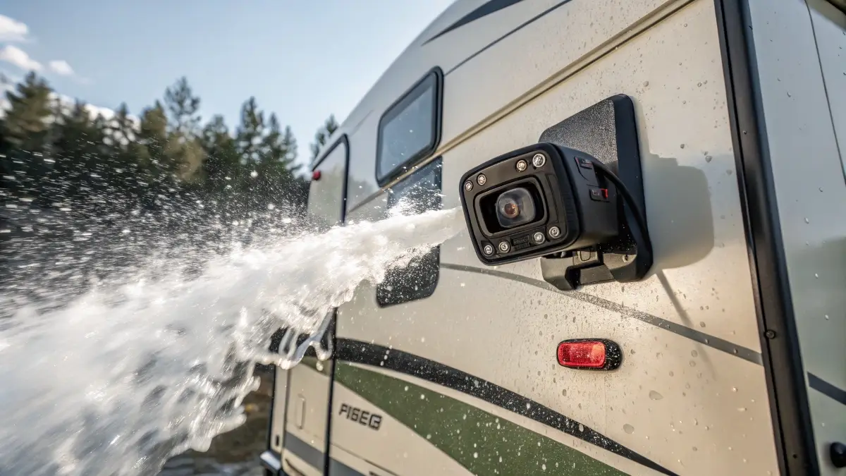 An RV camera being hit with a high-pressure power washer without failing