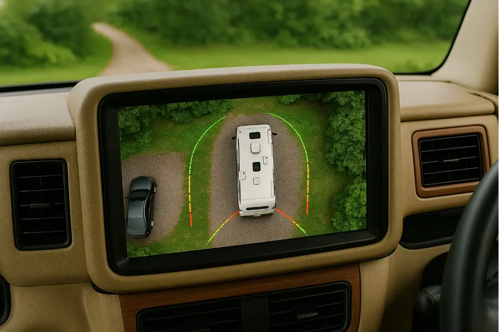 A 360-degree bird's-eye view display of an RV in a campsite