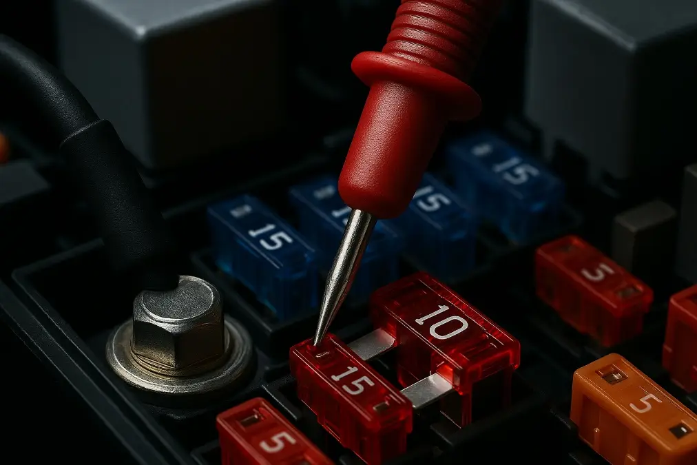 A multimeter's probes touching a fuse in a car's fuse box