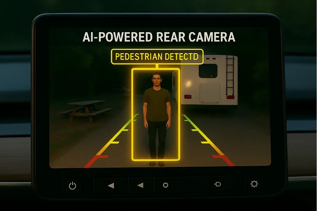 An AI camera view with a box drawn around a pedestrian, highlighting them