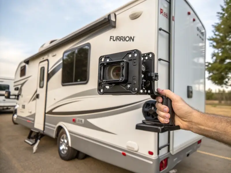 An adapter plate being fitted over a pre-wired RV mount, ready for a new high-quality camera