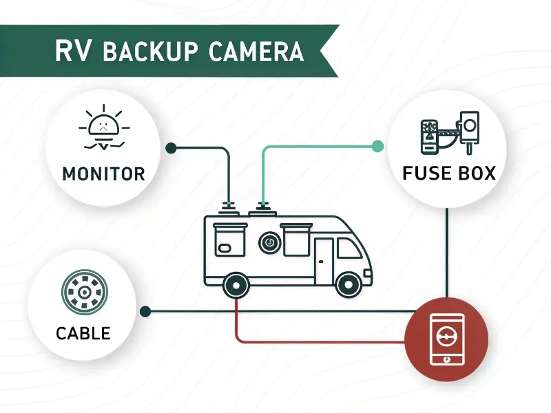 A detailed diagram showing troubleshooting checkpoints on an RV camera system