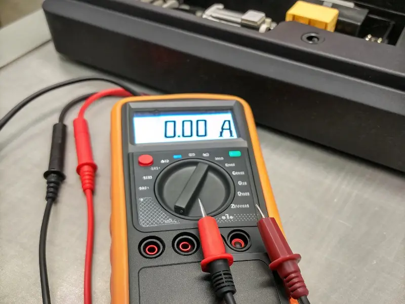 A multimeter connected to an RV battery showing a reading of zero parasitic draw