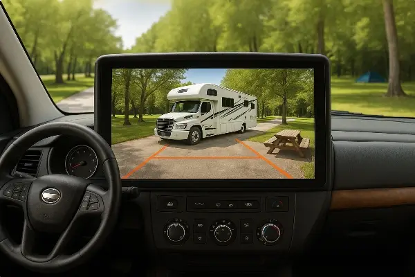 A high-definition RV backup camera showing a clear, wide-angle view behind a large motorhome in a campsite
