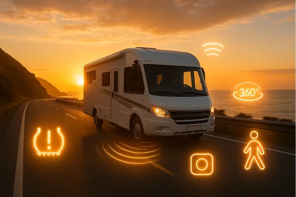 A large RV driving on a scenic highway with icons for safety features overlaid