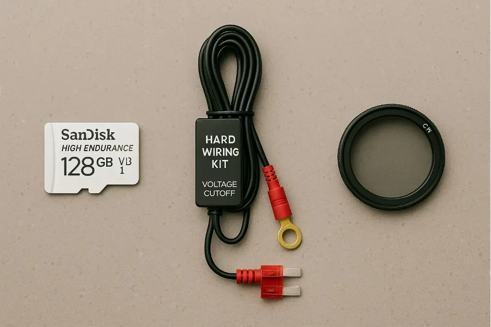 A close-up showing a high-endurance microSD card, a hardwiring kit, and a CPL filter