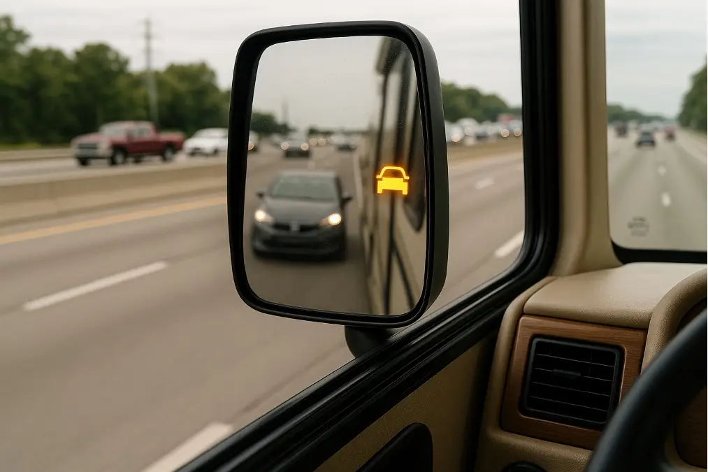 Side mirror of an RV with a glowing BSD warning icon
