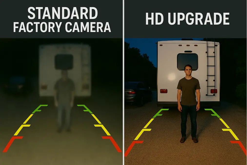 Split screen showing a blurry factory camera view vs a clear HD aftermarket camera view