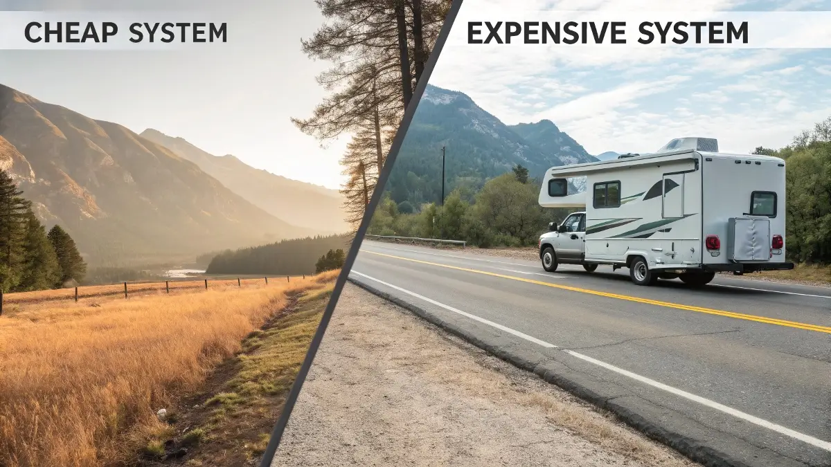 A side-by-side view showing a clear image from an expensive RV camera and a blurry image from a cheap one
