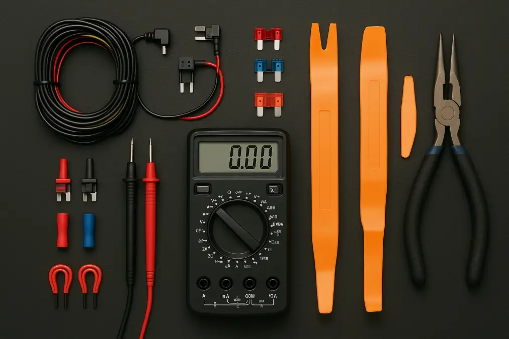 An organized layout of essential tools for hardwiring a dash cam