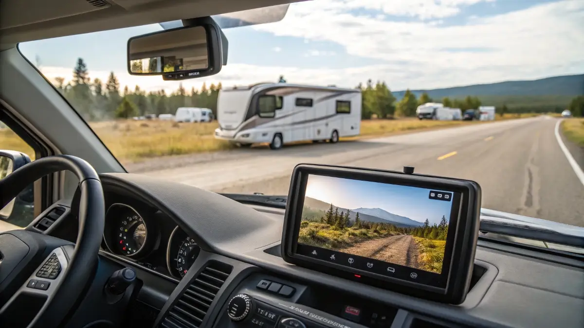 A dashboard monitor showing a clear, real-time image from a wireless backup camera on a long RV