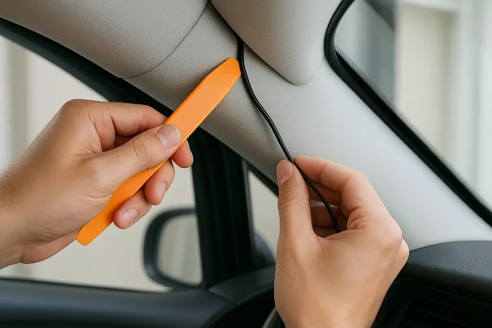 A cable being carefully tucked behind a car's A-pillar trim panel