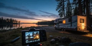 cinematic wide shot of a modern rv at a scenic lak