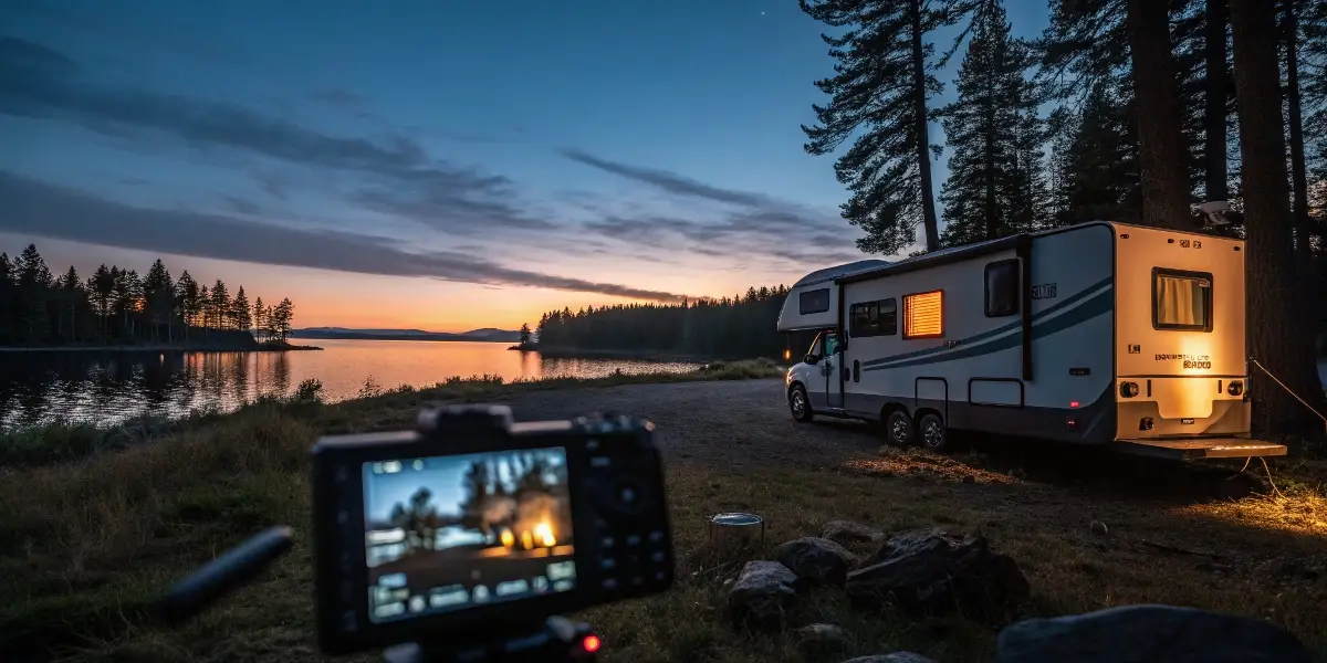 cinematic wide shot of a modern rv at a scenic lak