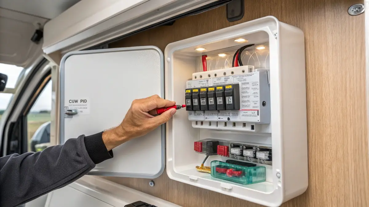 A technician pointing to the fuse box inside an RV