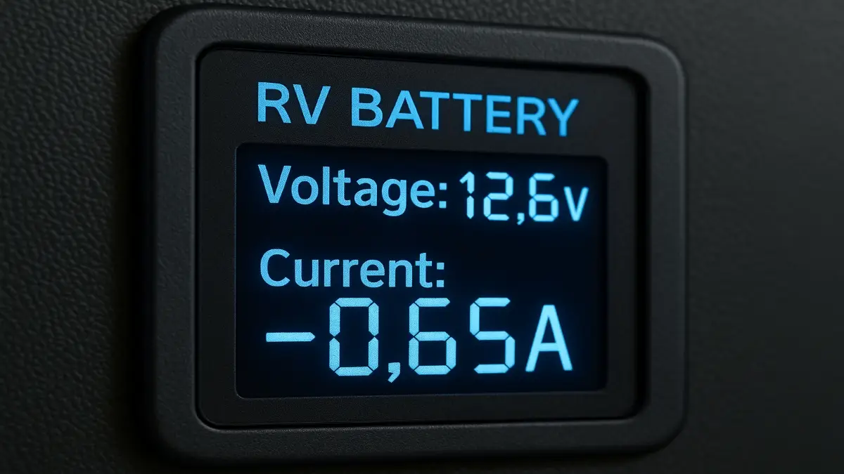 A close-up of an RV battery monitor showing voltage and amperage draw