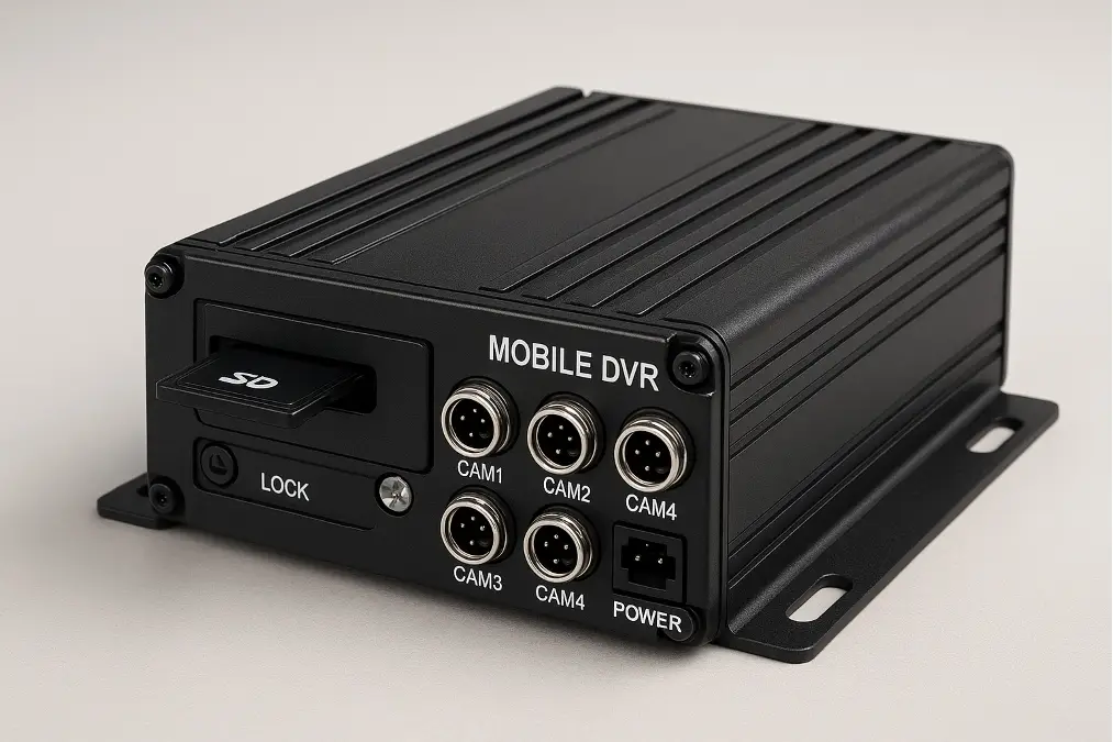 A Mobile DVR unit with an SD card slot, separate from the camera and monitor