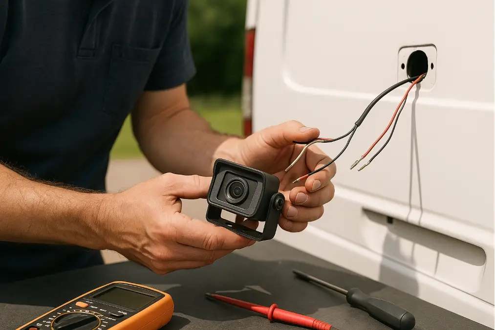 A technician carefully examining the wiring of an old RV camera before an upgrade