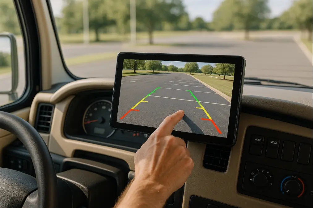 A technician calibrating the parking guidelines on a new 10-inch RV camera monitor