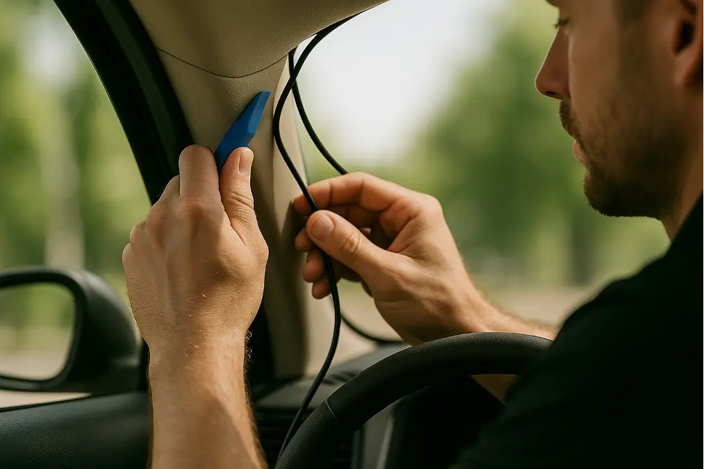 A professional installer using a trim tool on a car's A-pillar