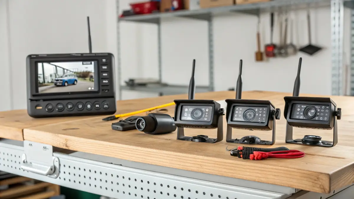 A collection of different high-quality wireless backup camera systems and monitors on a workbench