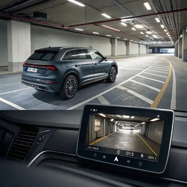 A car easily parking in a tight spot using a 360 camera view on the screen