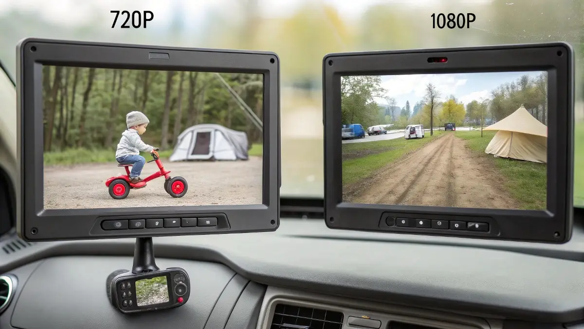 A 1080p RV camera view on a 7-inch monitor next to a 720p view