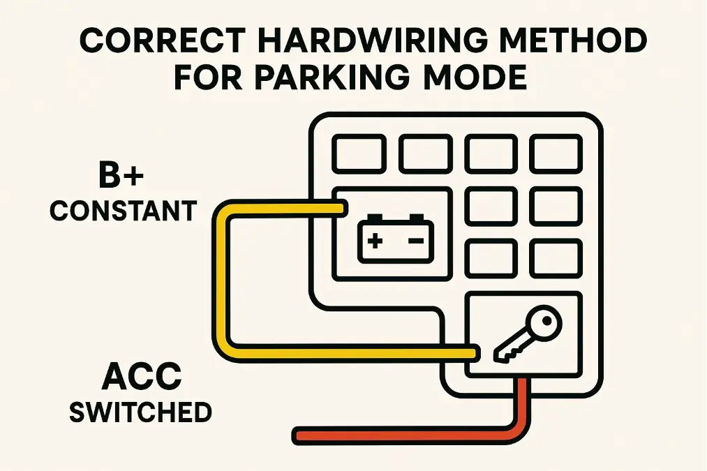 Illustration showing correct B+ and ACC wire connections in a fuse box