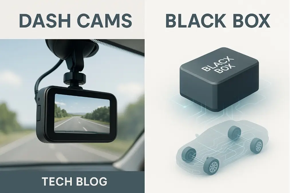A dash cam on a windshield next to an icon of a black box