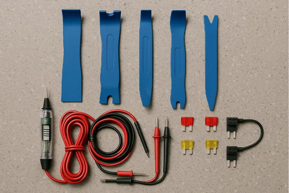 A DIY toolkit with trim tools, circuit tester, and fuse taps on a workbench