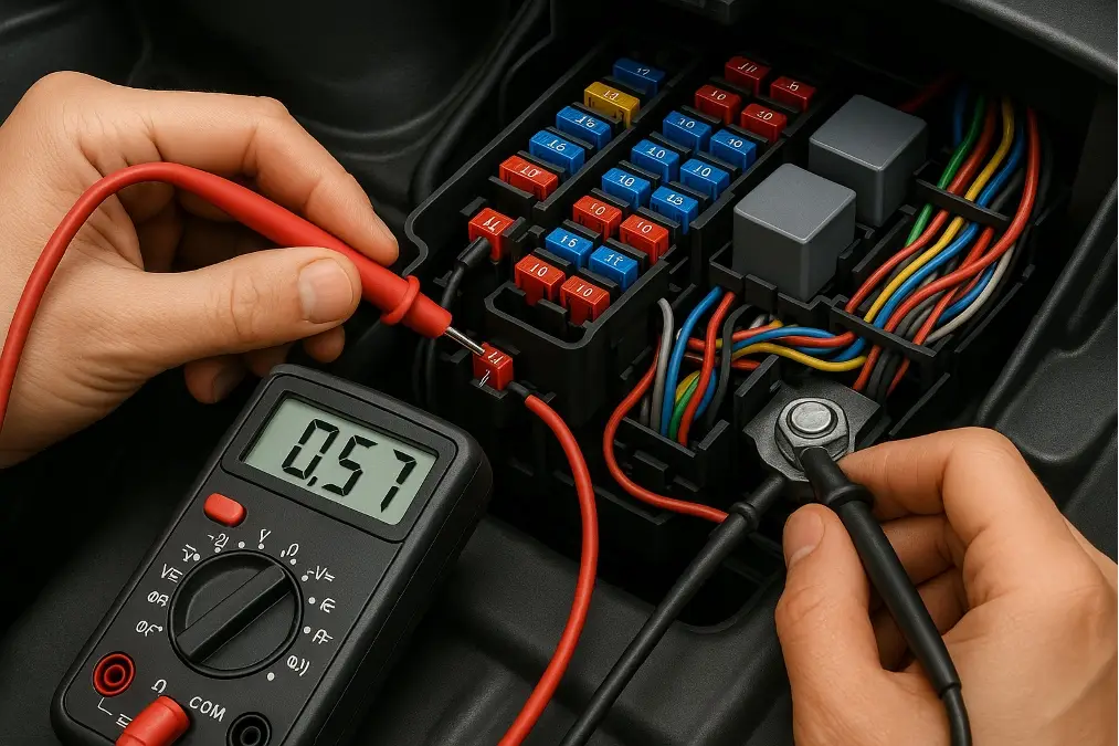 A technician using a multimeter to test a car's fuse box