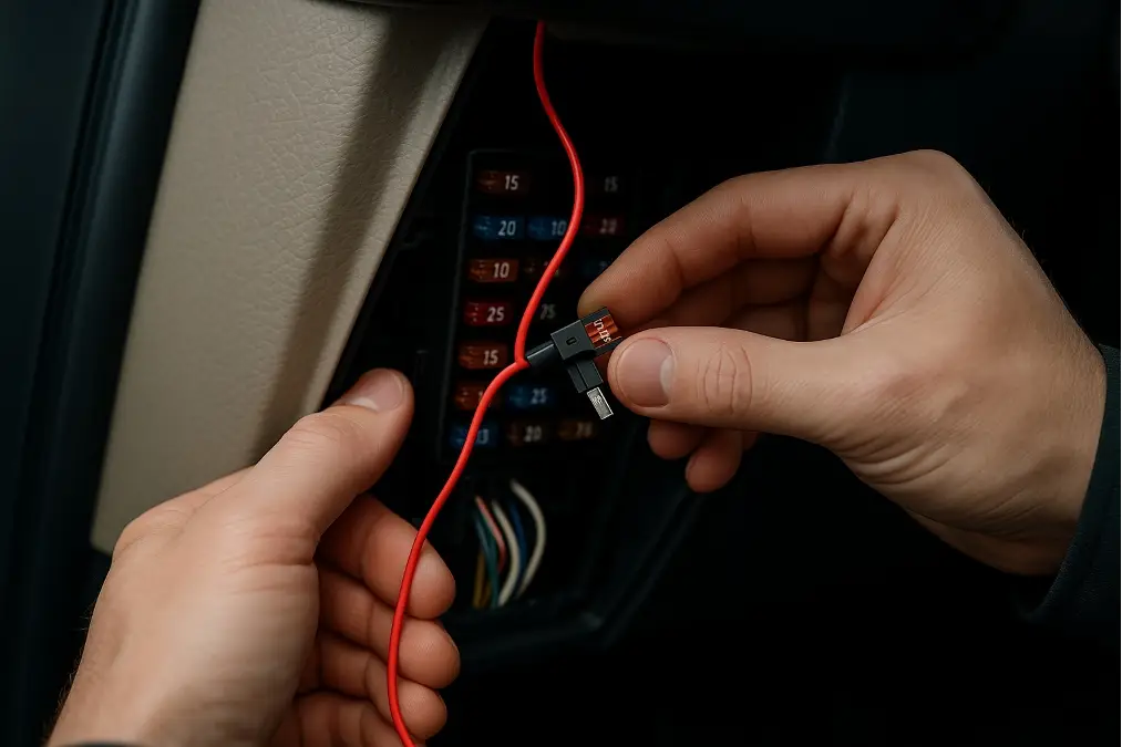 A technician hardwiring a dash cam into a car's fuse box
