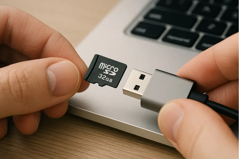 An SD card being inserted into a computer card reader