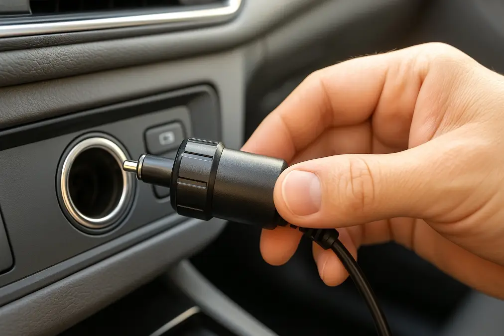 A hand plugging a dash cam's 12V adapter into a car's cigarette lighter socket