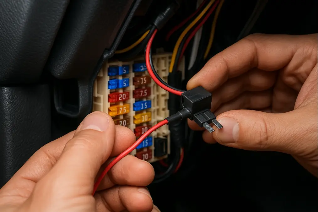 A technician connecting a hardwiring kit to a car's interior fuse box