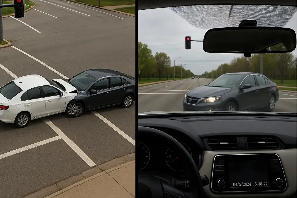 A split screen showing a car accident and the dash cam footage of the event