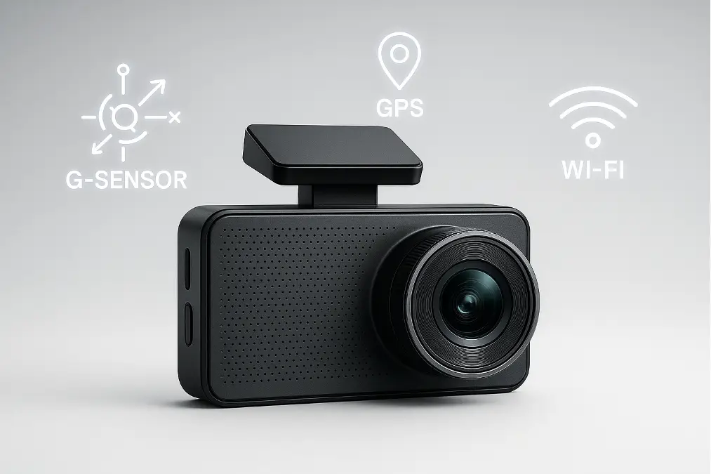 A modern dash cam with icons for G-Sensor, GPS, and Wi-Fi