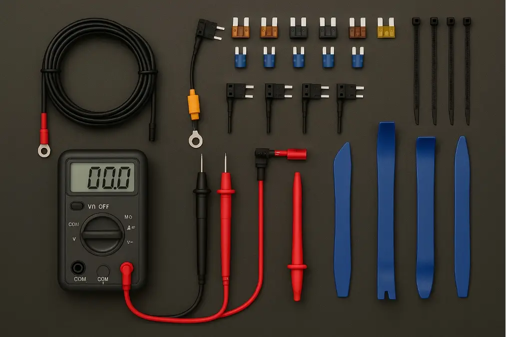 A complete hardwire installation toolkit laid out neatly, showing the hardwire kit, various fuse taps, multimeter, and trim tools