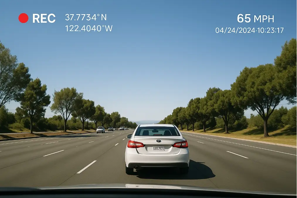 A car driving on a highway with a dash cam view overlay